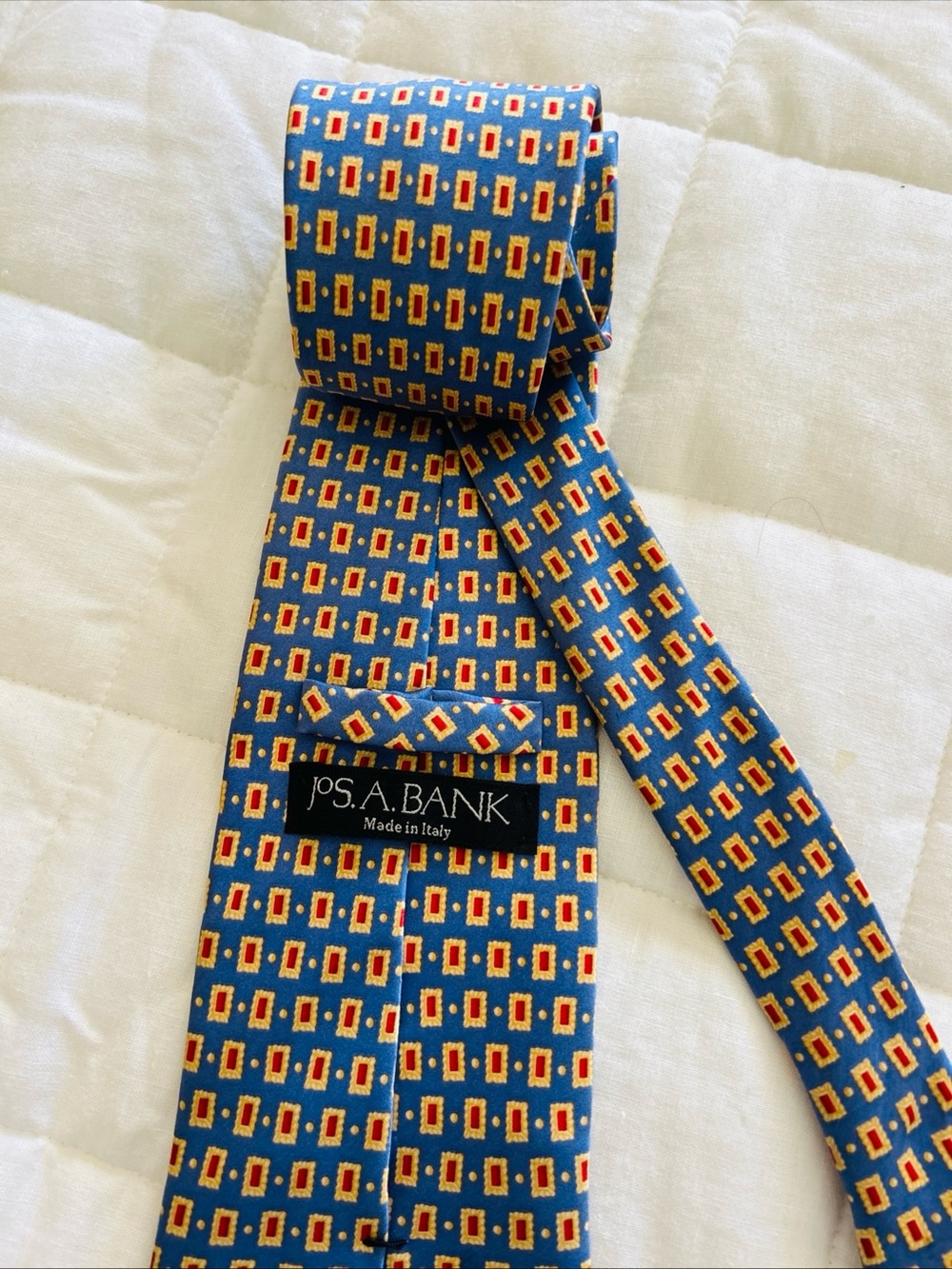 Jos. A. Bank Blue 100% Silk Tie Made in Italy with Red & Gold Geometric Motif